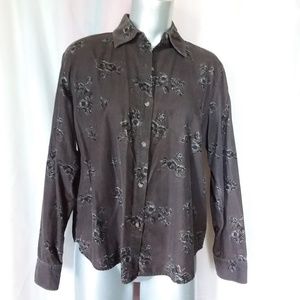 Button Down Brown Corduroy Shirt with Rose Pattern